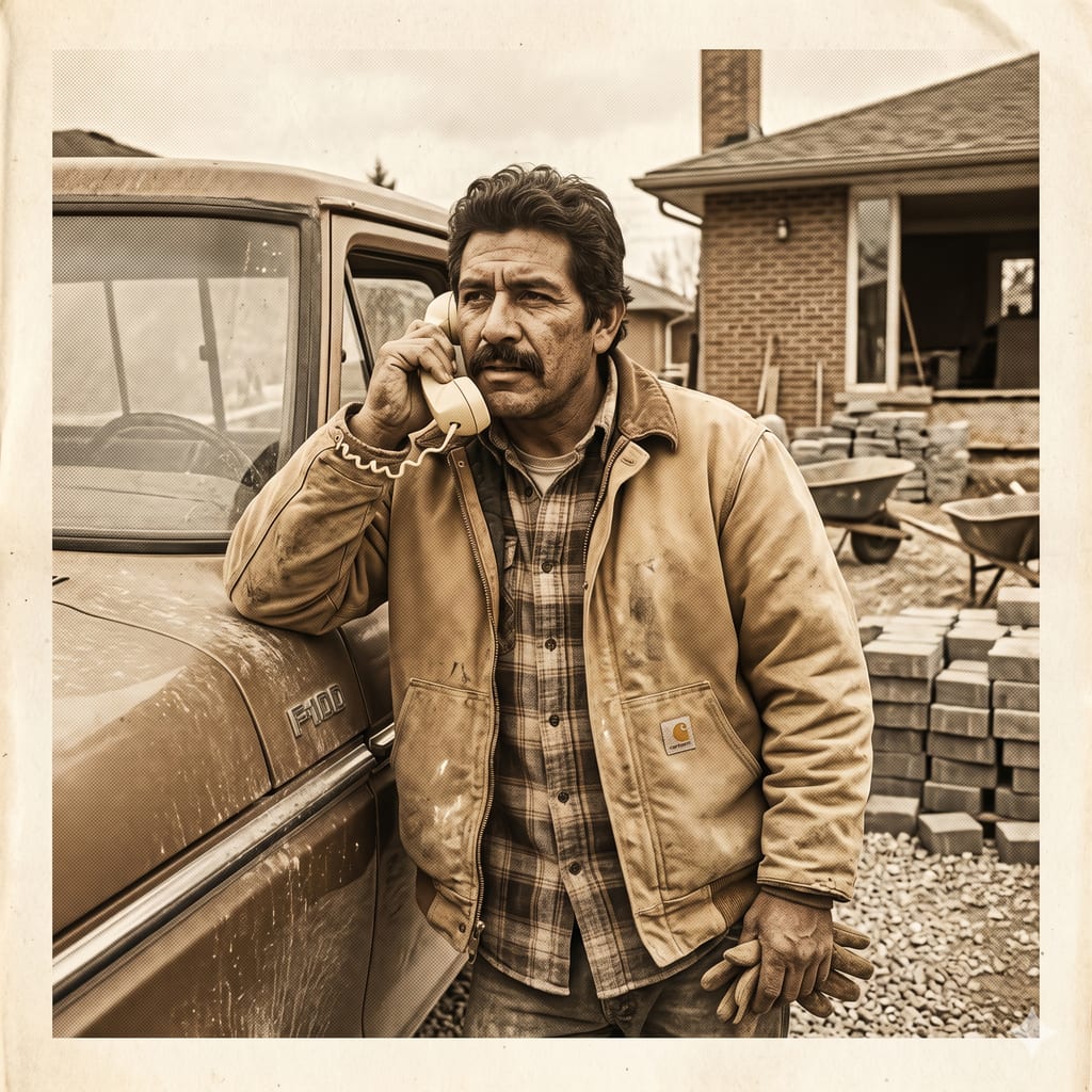 Trade contractor making a call from the cab of a pickup truck